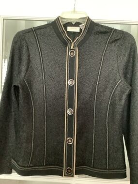 Chico's Dark Charcoal Button-Front Knit Cardigan with Contrast Trim